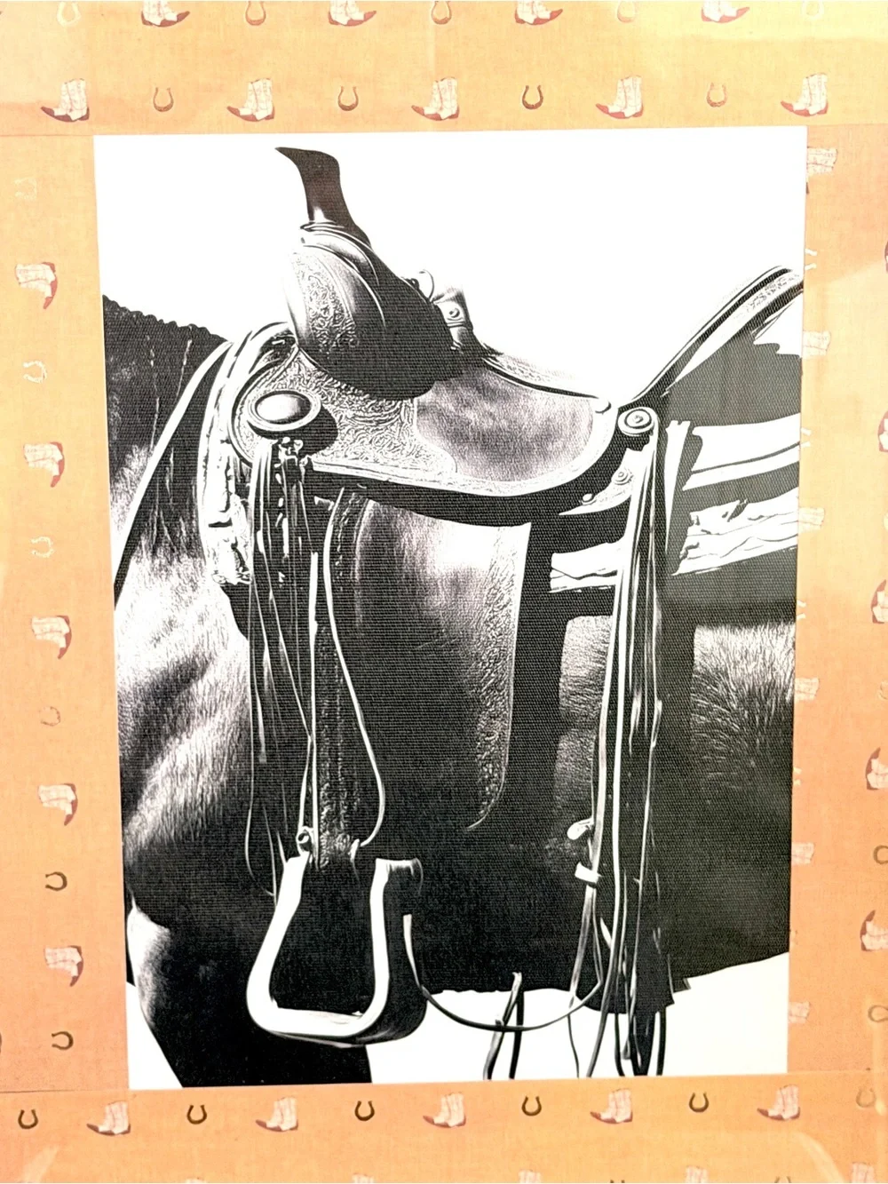Saddle Horse Western Black & White Canvas Art Print Rodeo Cowboy Black Framed